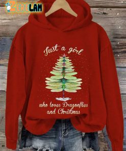 Womens Just A Girl Who Loves Dragonflies And Christmas Casual Hoodie 3