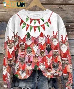 Women’s Meowy Christmas Cats Print Long Sleeve Sweatshirt