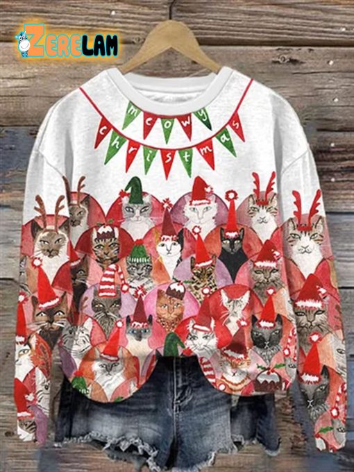Women’s Meowy Christmas Cats Print Long Sleeve Sweatshirt