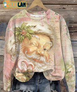 Women’s Pink Vintage Santa Claus Print Crew Neck Sweatshirt