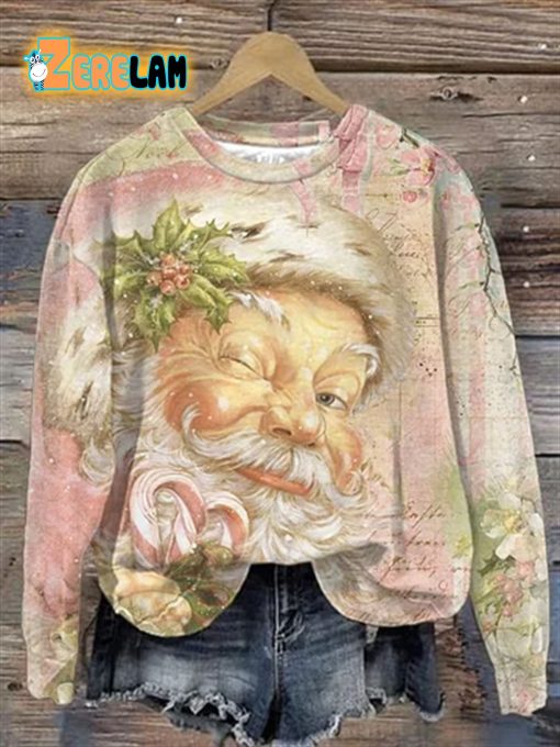 Women’s Pink Vintage Santa Claus Print Crew Neck Sweatshirt