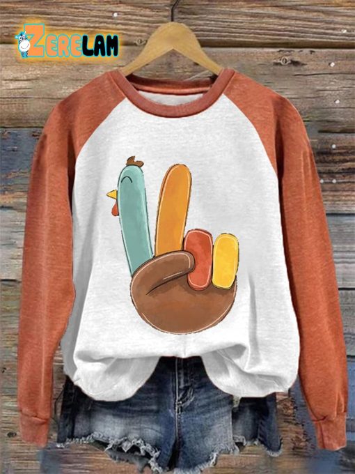 Women’s Thanksgiving Hand Gesture Yay Cute Turkey Print Sweatshirt
