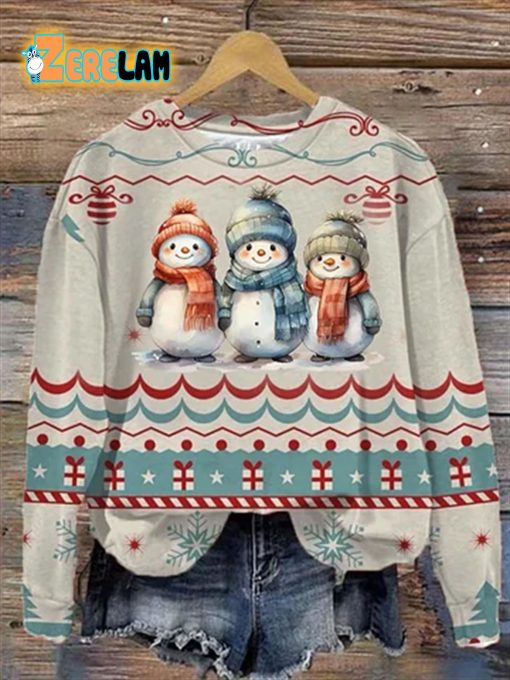Women’s Vintage Christmas Snowman Print Sweatshirt