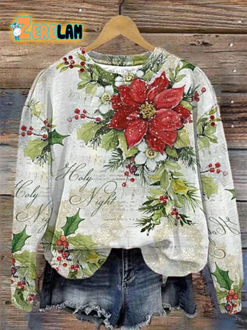 Women’s Vintage Holy Night Mistletoe Christmas Print Sweatshirt