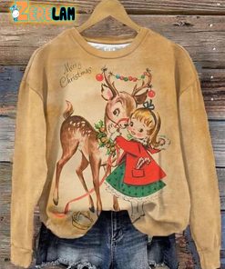 Women’s Vintage Little Girl And Christmas Deer Print Long Sleeve Sweatshirt