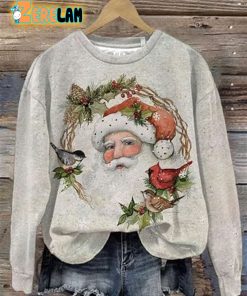 Women’s Vintage Santa Bird Wreath Print Crew Neck Sweatshirt