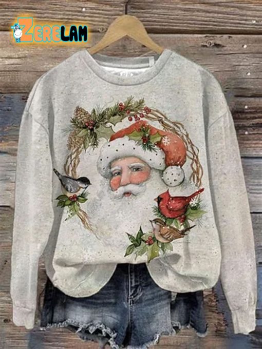 Women’s Vintage Santa Bird Wreath Print Crew Neck Sweatshirt