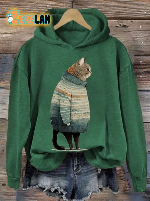 Women’s Winter Cat Print Casual Hooded Sweatshirt