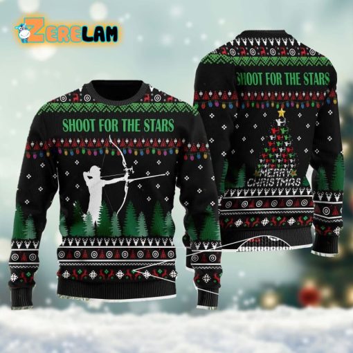 Archer Using Compound Bow With Sayings Shoot For The Stars Ugly Sweater