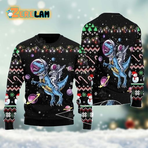 Astronauts Ride A T-rex In Space With The Planet Ugly Sweater