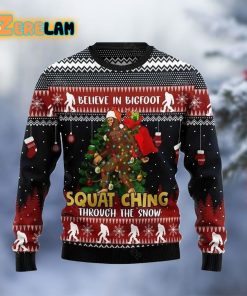 Believe In Bigfoot Squatching Through Snow Ugly Sweater