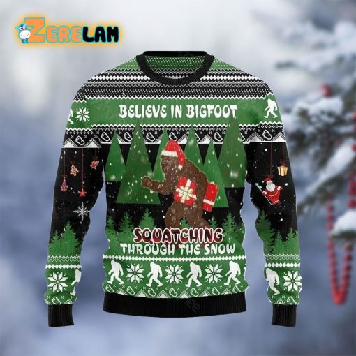 Believe In Bigfoot Through Snow Ugly Sweater