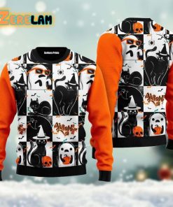Black Cat And Ghost Halloween Ugly Sweater