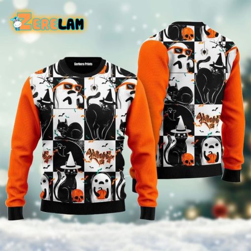 Black Cat And Ghost Halloween Ugly Sweater