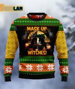 Black Cat Mask Up Witches Christmas Ugly Sweater