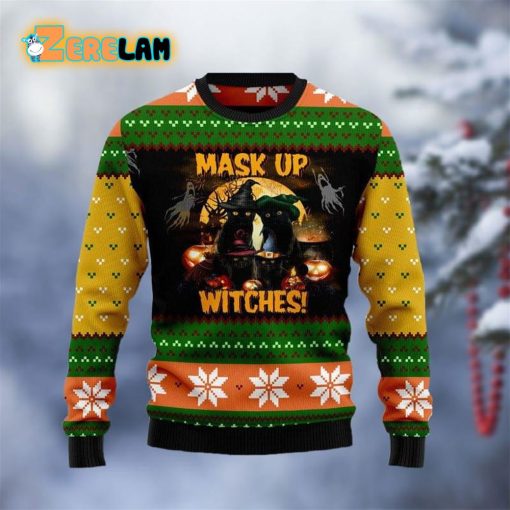 Black Cat Mask Up Witches Christmas Ugly Sweater
