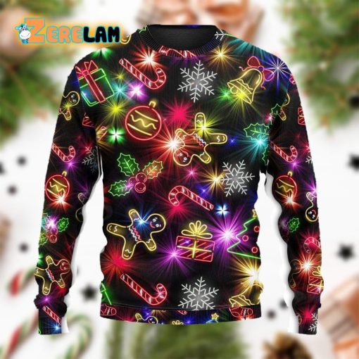 Christmas With Tree And Gift Cookies Gingerbread Man Neon Ugly Sweater