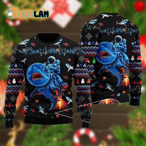 Funny Astronauts Ride A Shark In Space Ugly Sweater