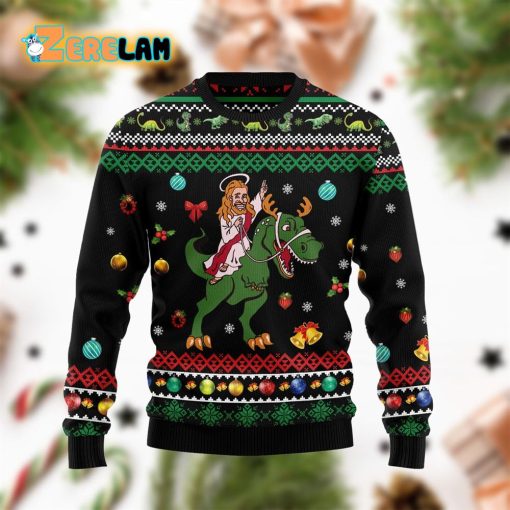 Jesus And A Green Dinosaur Funny Christmas Ugly Sweater