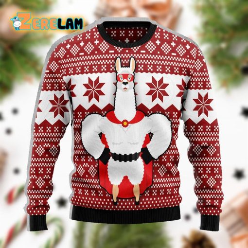 Llama Superhero Red Christmas Funny Ugly Sweater