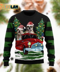 Merry Christmas Bulldog In The Red Car Funny Ugly Sweater