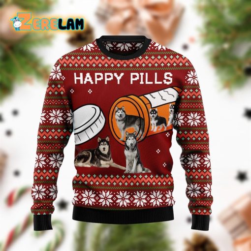 Merry Christmas Siberian Husky Happy Pills Ugly Sweater