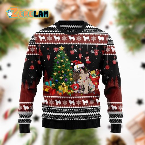 Pug Besides A Christmas Tree Funny Ugly Sweater
