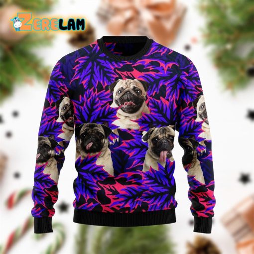 Pug Leaves Purple Funny Ugly Sweater