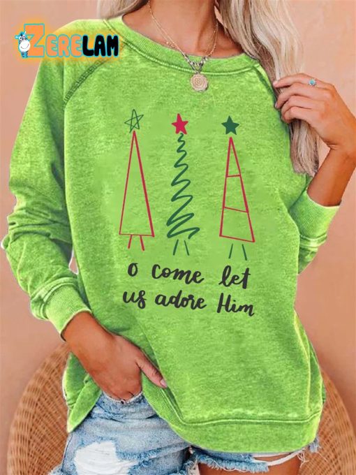 Retro Christmas Tree O Come Let Us Adore Him Print Sweatshirt