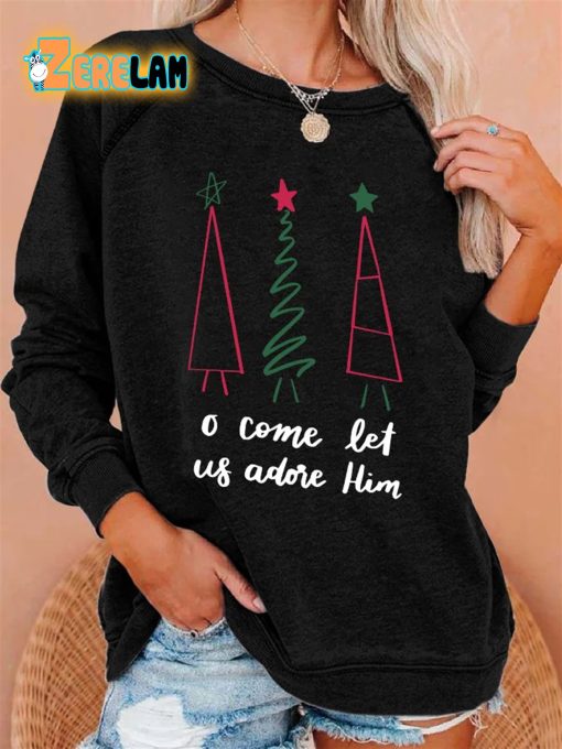 Retro Christmas Tree O Come Let Us Adore Him Print Sweatshirt