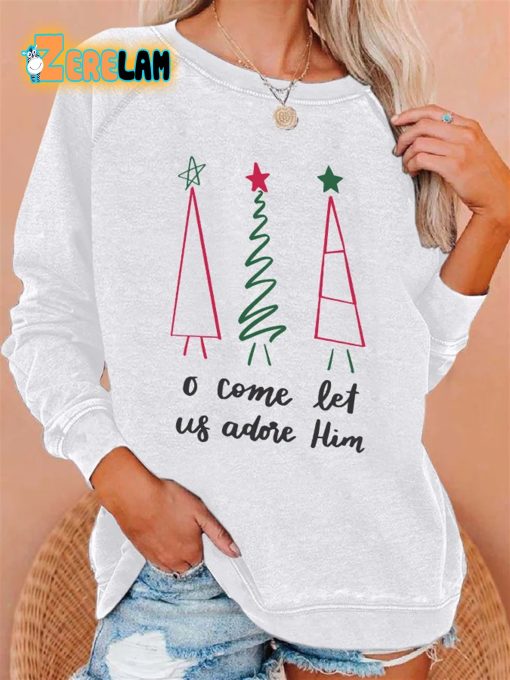 Retro Christmas Tree O Come Let Us Adore Him Print Sweatshirt