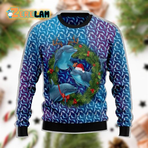 Santa Dolphins Funny Blue Ugly Sweater