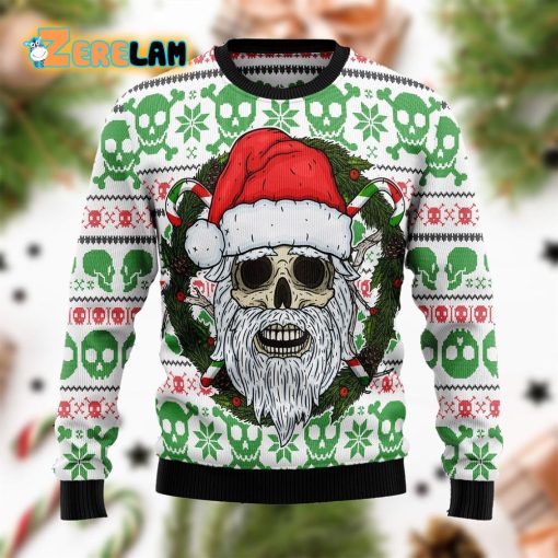 Skull Santa Clause Green White Christmas Funny Ugly Sweater