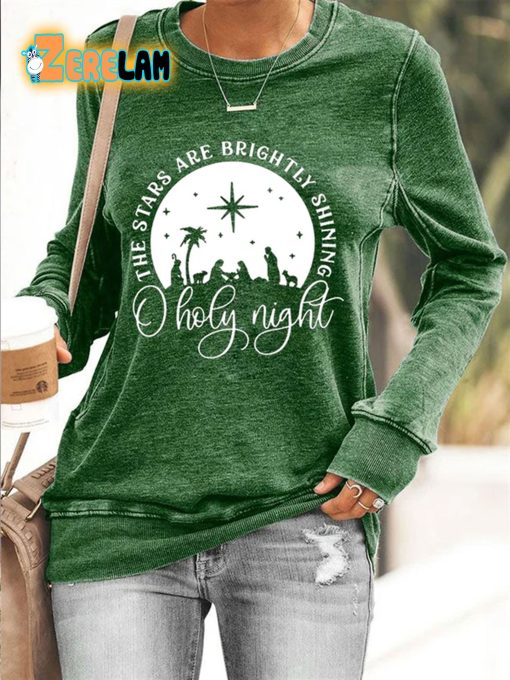 Women’s The Stars Are Brightly Shining O Holy Night Nativity Casual Long Sleeve Sweatshirt