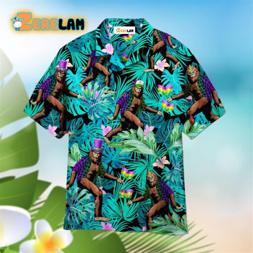 Bigfoot Happy Mardi Gras Tropical BLue Hawaiian Shirt