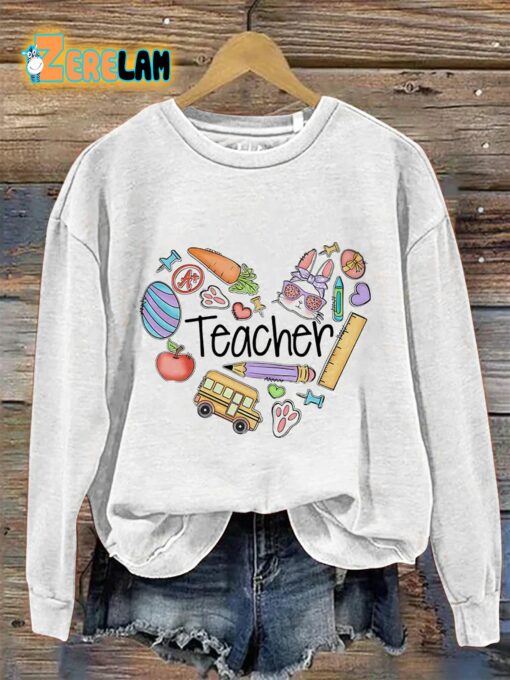 Easter Teacher Bunny Heart Casual Print Sweatshirt