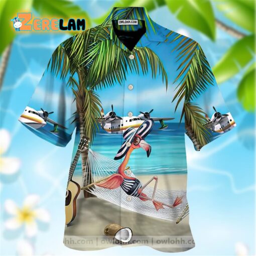 Flamingo Coconut Guitar Plane On The Beach Hawaiian Shirt