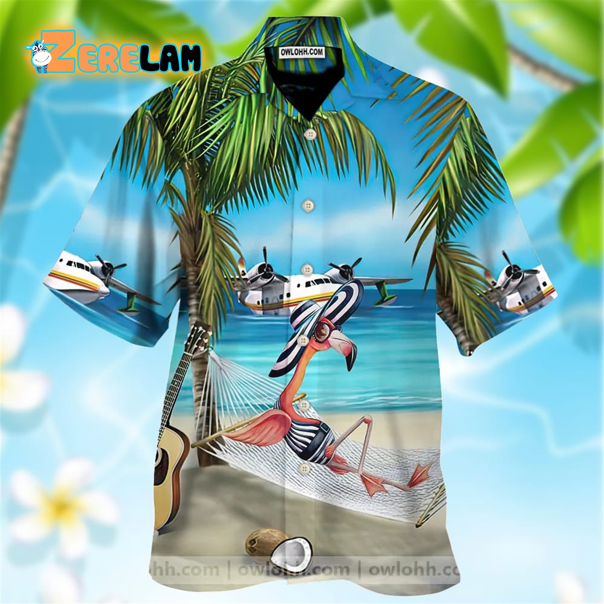 Flamingo Coconut Guitar Plane On The Beach Hawaiian Shirt - Zerelam