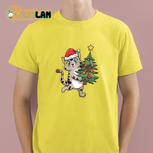 Funny Happy Christmas Cat with Tree Shirt