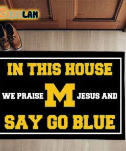 In This House We Praise Jesus and Say Go Blue Doormat 1