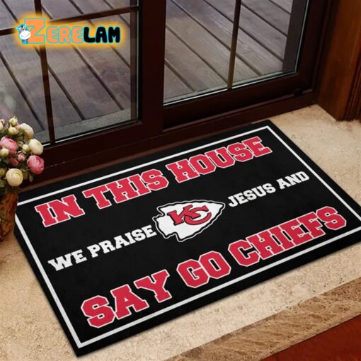 In This House We Praise Jesus and Say Go Chiefs Doormat