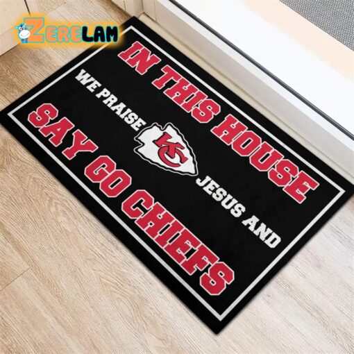 In This House We Praise Jesus and Say Go Chiefs Doormat