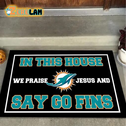 In This House We Praise Jesus and Say Go Fins Doormat