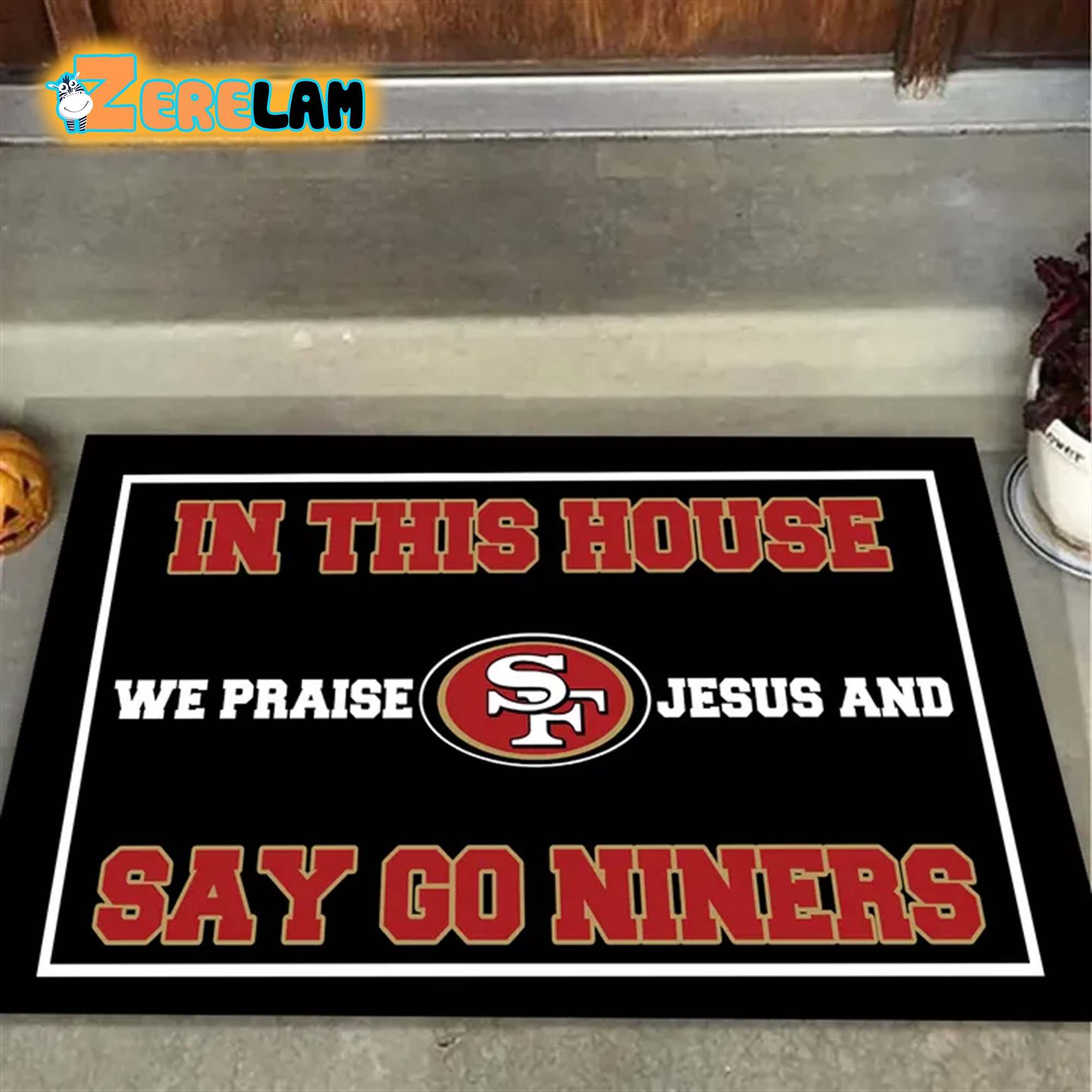 In This House We Praise Jesus and Say Go Big Red Doormat