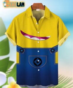 Minions Cartoon Costume Wearing Denim Hawaiian Shirt