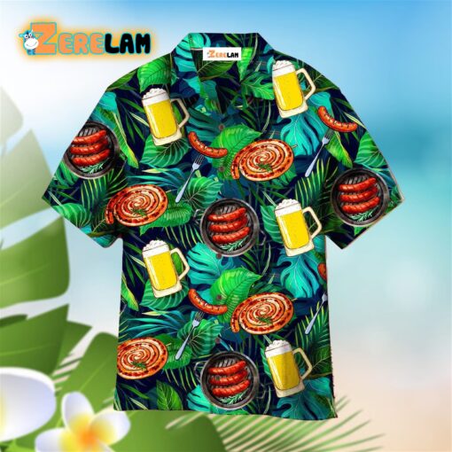 Oktoberfest Sausages And Beer Big Set Of Barbeque Party Food Palm Hawaiian Shirt