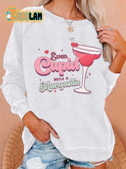 Retro Valentine Even Cupid Need A Margarita Print Sweatshirt
