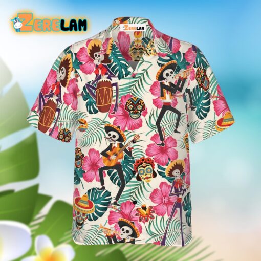 Skeleton In Mexican Flowers Pattern Hawaiian Shirt