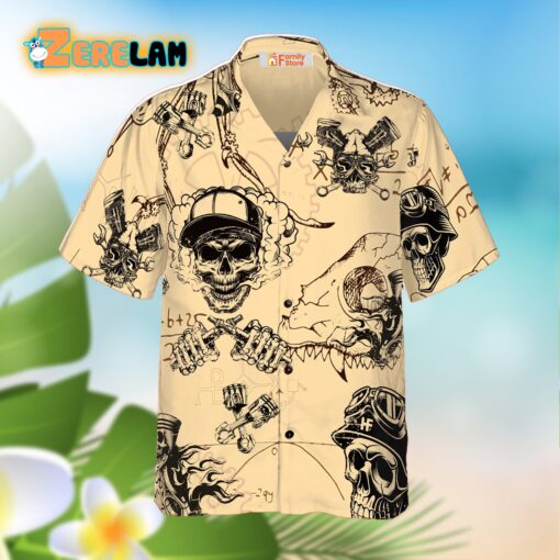 Skull On Retro Mechanism Background Hawaiian Shirt