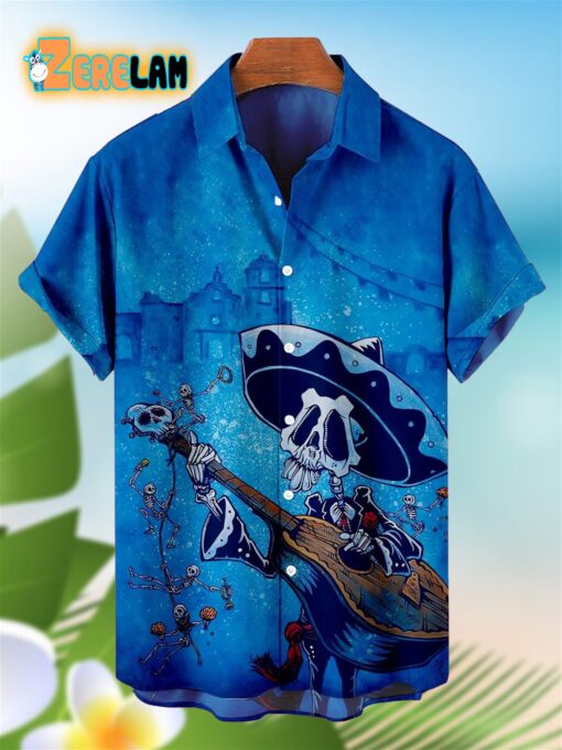Skull Playing Music At Midnight City Hawaiian Shirt